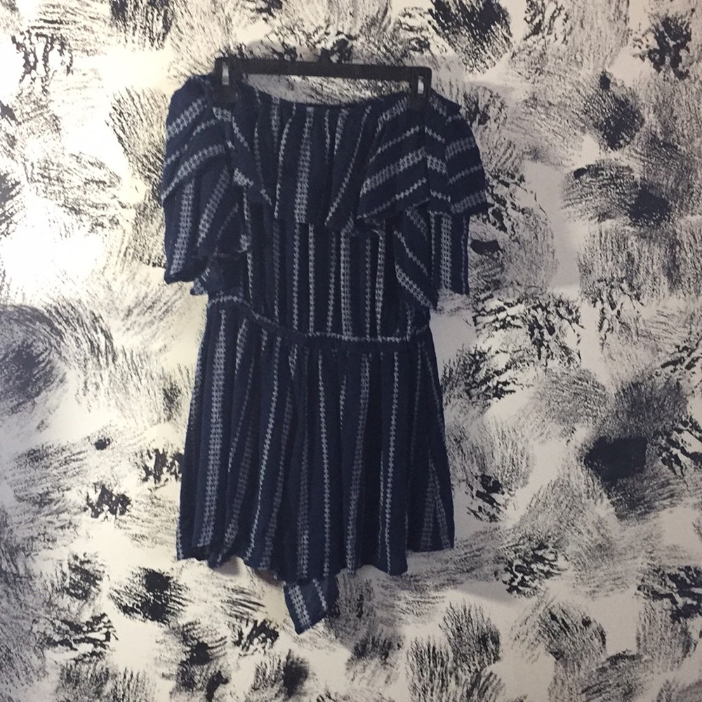 off the shoulder navy blue and white romper